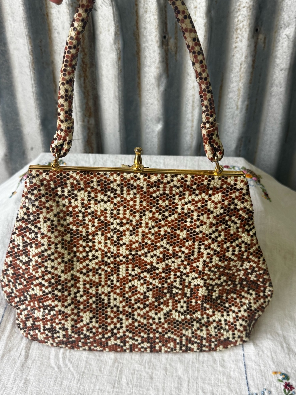Vintage Lumured Cream and Brown Corde Beaded Top-Handle Bag - Picture 4 of 7